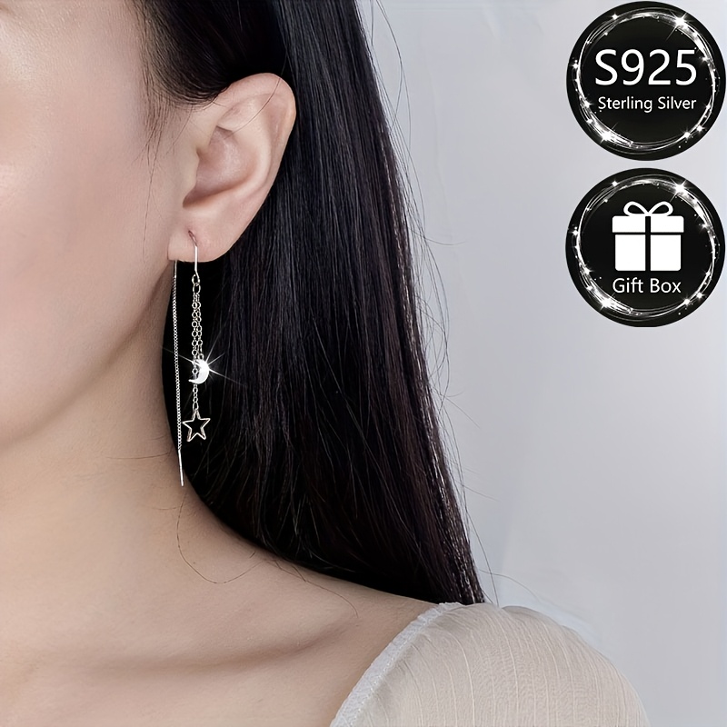 Fashionable S925 Silvery Tassel Long Earrings with Star and Moon Design